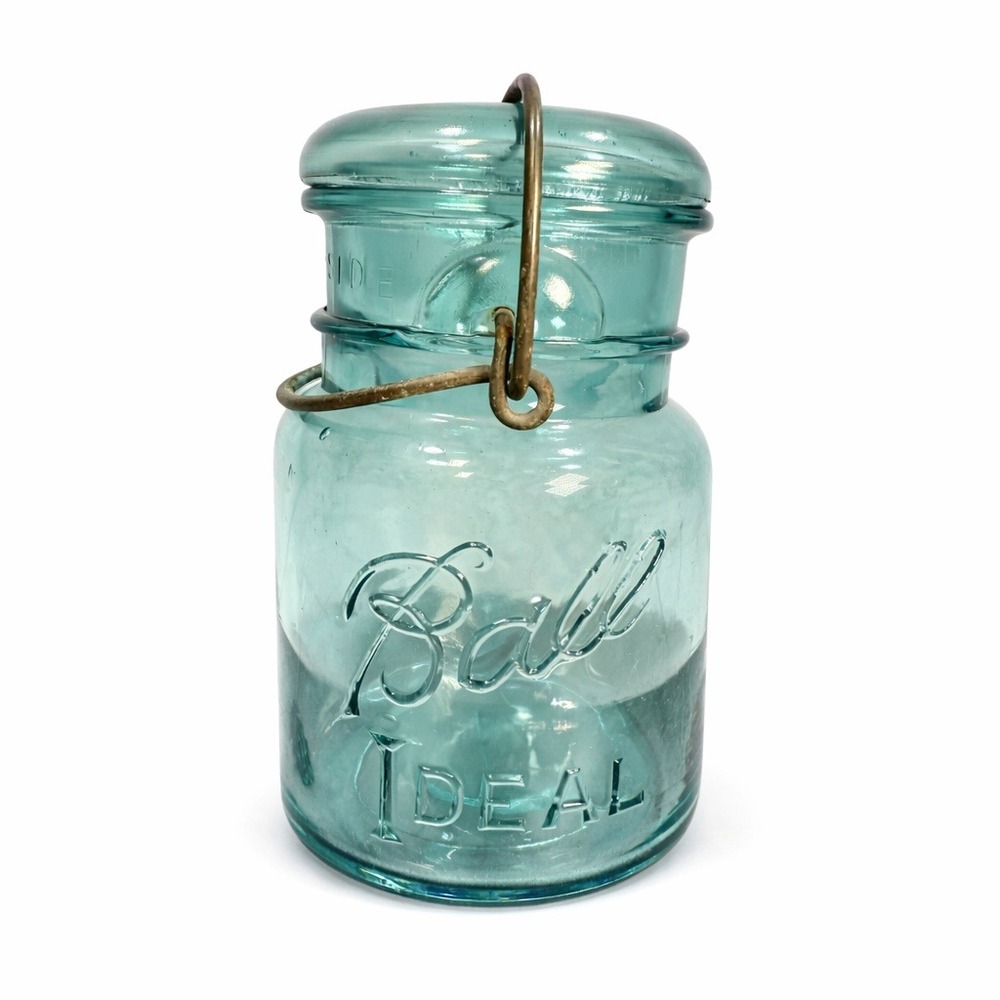 Antique‎ Ball IDEAL Aqua Blue Glass Jar Wire Bail Lid Pint 1908 No Rubber Gasket